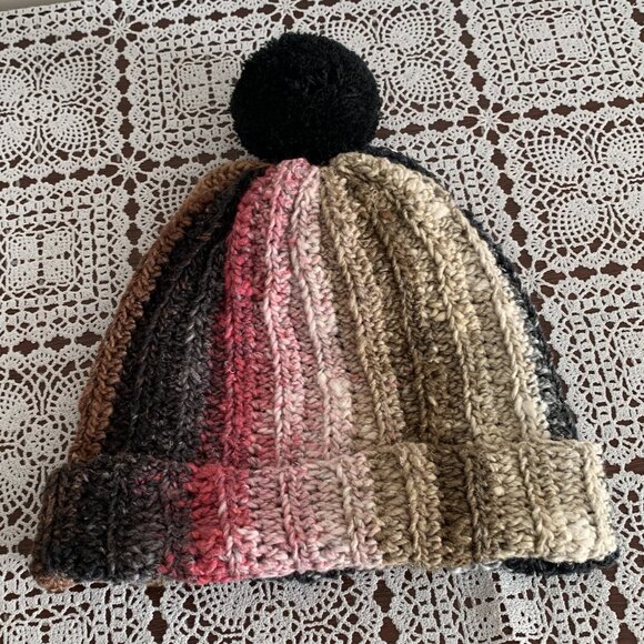 Hand Crocheted Ladies Hat Cap Beanie Black Brown Pink One Size Warm Winter Wear - Picture 2 of 4